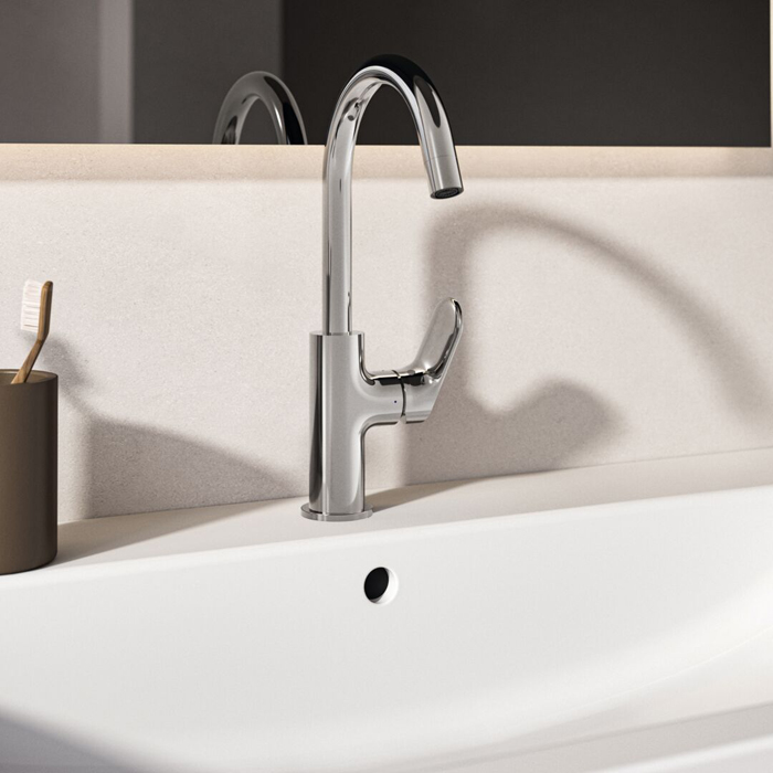 Ideal Standard Ceralife O Смеситель для раковины, на 1 отв., H21.5см., с поворотным изливом, с донным клапаном, цвет: хром