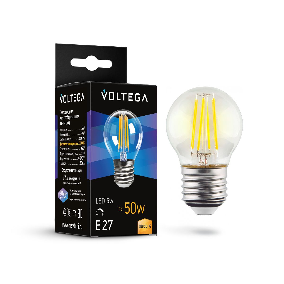 Лампа светодиодная филаментная Voltega E27 5W 3000K шар прозрачный 7202