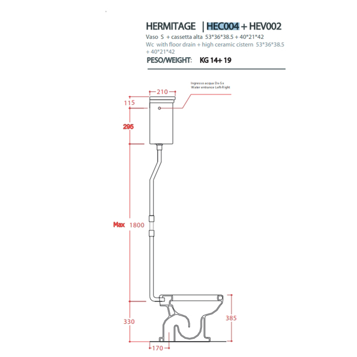Artceram HERMITAGE Унитаз приставной слив в стену, 36х55см, с крепежом в комплекте, цвет белый с бачком с высокой трубой, цвет: золото