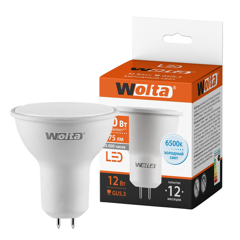 Светодиодная лампа WOLTA 12Вт 6500K GU5.3 матовая 25WPAR16-230-12GU5.3