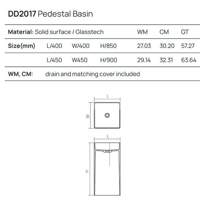 Dea Design Pedestal Basin Раковина 45х45х90см., напольная, без отв., Solid Surface, цвет: White №18
