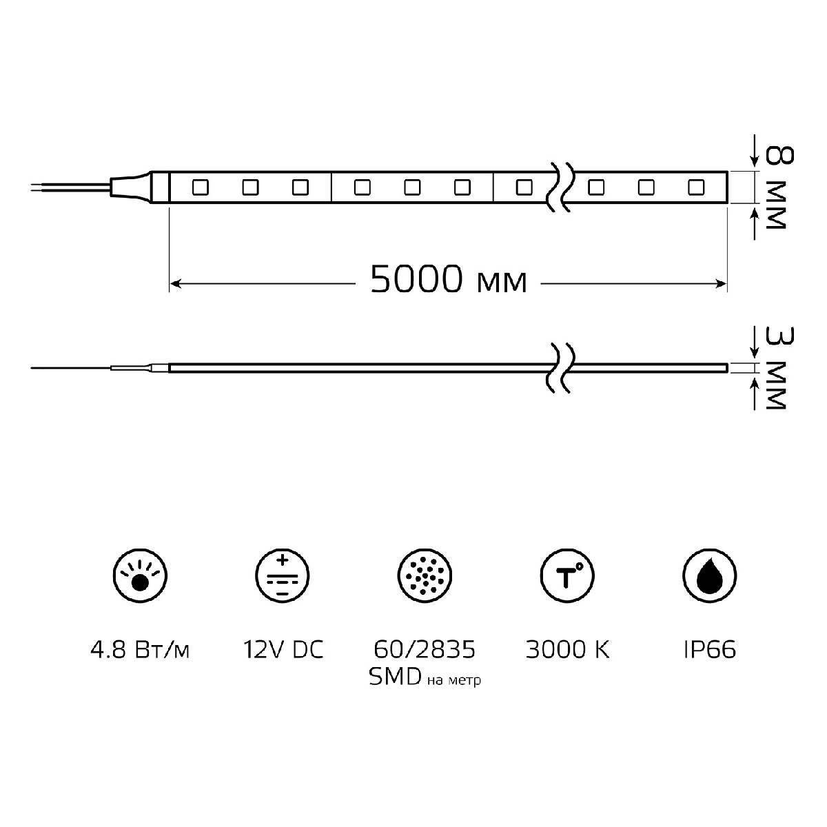 Светодиодная влагозащищенная лента Gauss 4,8W/m 60LED/m 2835SMD теплый белый 5M 356000105