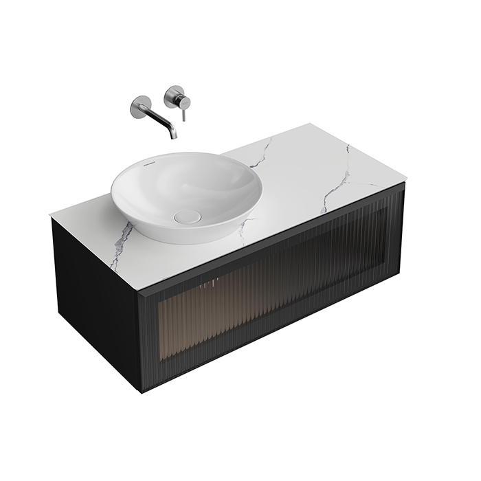 Kerama Marazzi Iconico Тумба подвесная 100 с рифленым стеклом, 1 ящик, столешница керамогранит Манифик вуд, цвет: черный