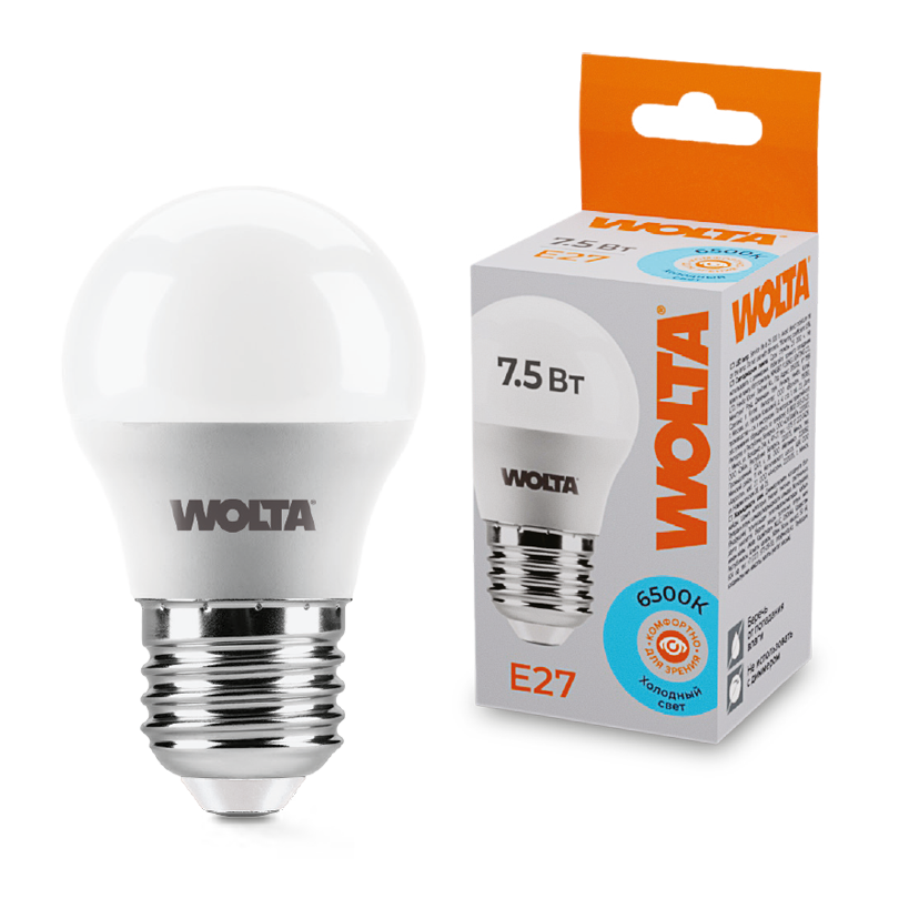 Светодиодная лампа WOLTA 7.5Вт 6500K E27 груша матовая 25W45GL7.5E27