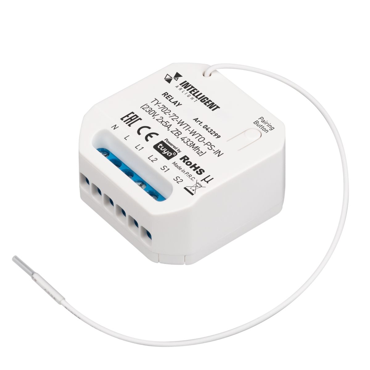 Релейный модуль Arlight TY-702-72-WTI-WTO-PS-IN (230V, 2x5A, ZB, 433Mhz) (IARL, IP20 Пластик) 043299