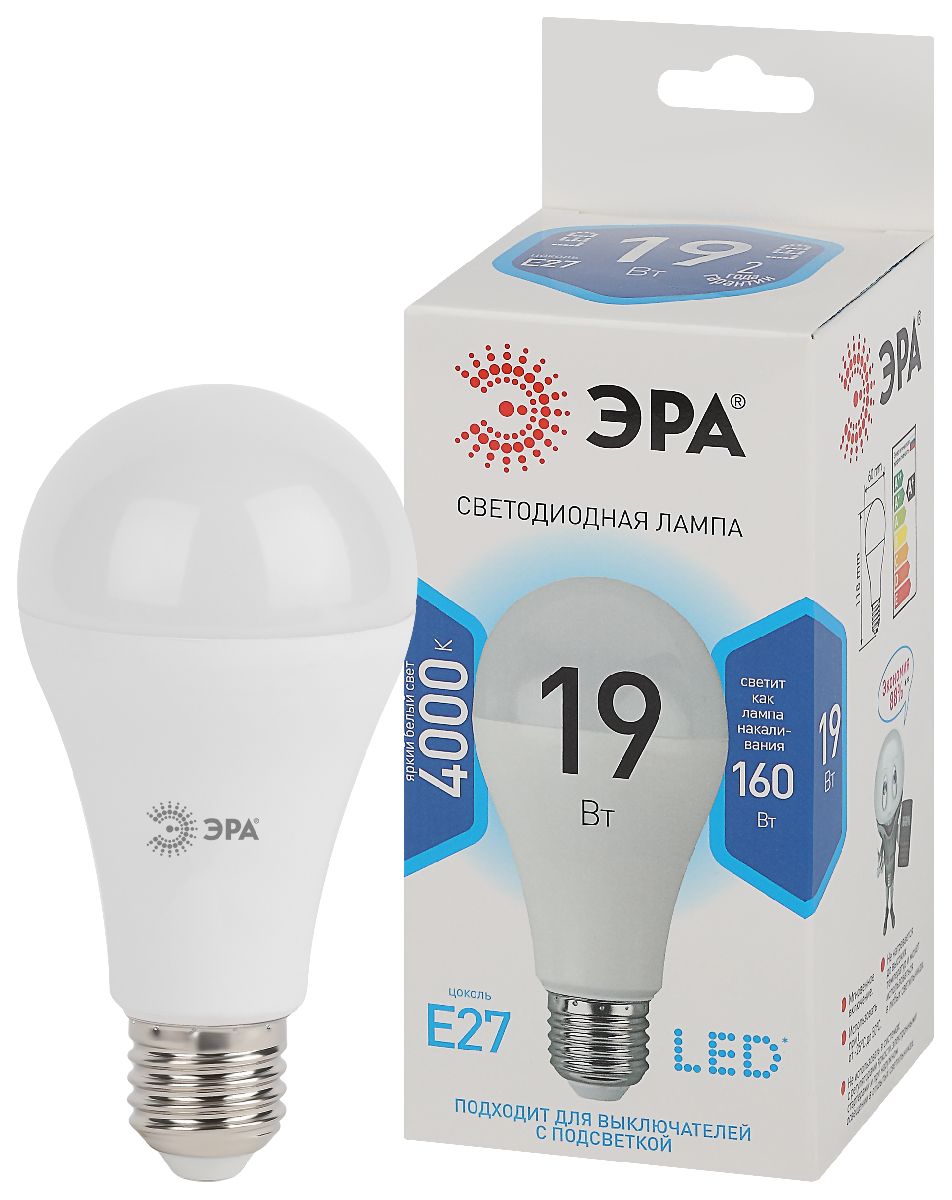 Лампа светодиодная Эра E27 19W 4000K LED A65-19W-840-E27 Б0031703