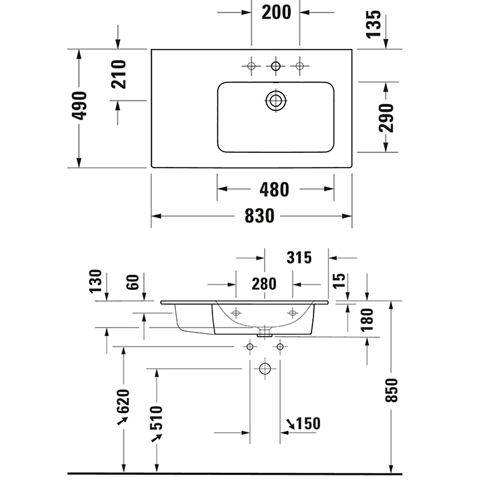 Duravit ME by Starck Раковина подвесная 83х49см, 1 отв., с переливом, полка слева, цвет: белый