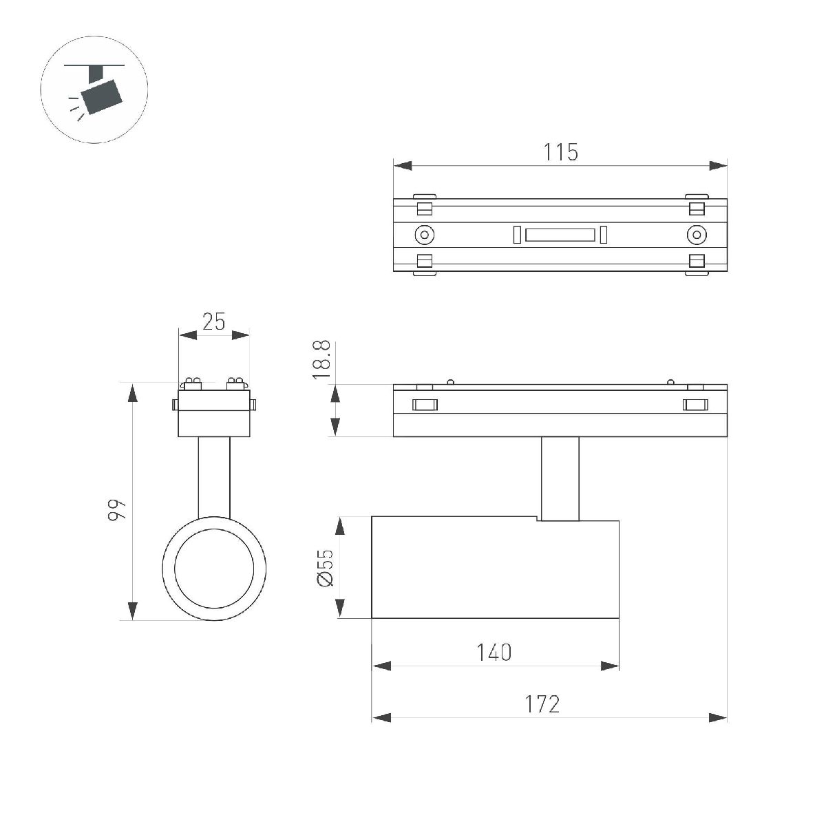 Трековый магнитный светильник Arlight MAG-VIBE-SPOT-R55-18W Day4000-MIX (BK, 24 deg, 48V, DALI) 044476