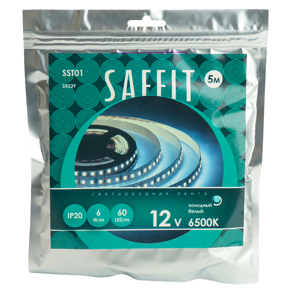 Светодиодная лента Saffit SST01 12В 6Вт/м 6500К 5м IP20 55239