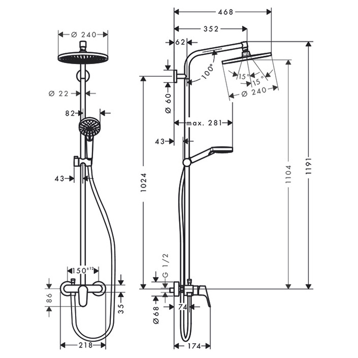 Hansgrohe Crometta S 240 SHP Душевая система 102см, с верхним Ø240мм., ручным дешем и однорычажным смесителем, цвет: хром
