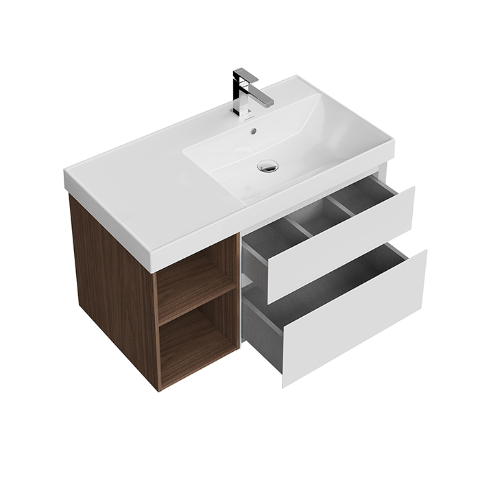 Kerama Marazzi Cubo Тумба подвесная 90см, правая, цвет: белый матовый / орех