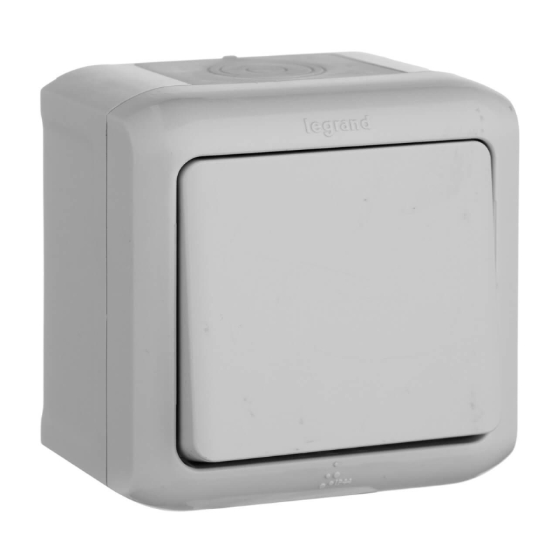 Выключатель одноклавишный кнопочный Legrand Quteo 6A 250V IP44 серый 782335