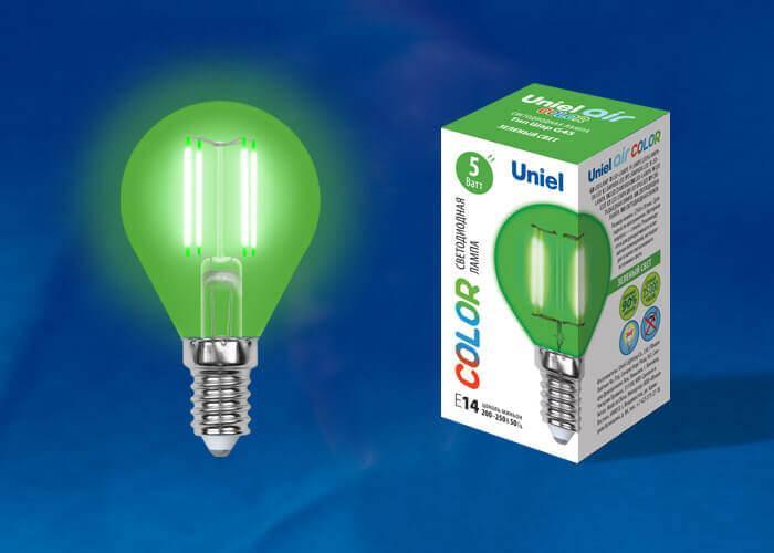 Лампа светодиодная филаментная (UL-00002987) Uniel E14 5W зеленый LED-G45-5W/GREEN/E14 GLA02GR