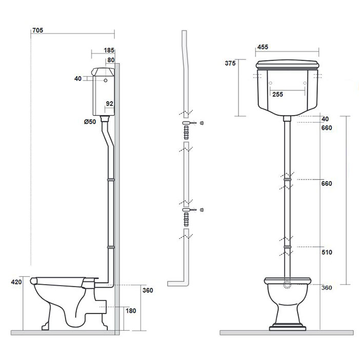 Azzurra Jubilaeum Унитаз напольный 59x40xH42 см, слив в стену, с высоким бачком, с механизмом и трубой Kerasan, с креплением KIT 2000 C/C, цвет фурнитуры: хром, цвет: Bianco lucido