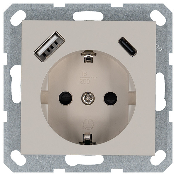 Розетка SHUKO с USB A+C с защитными шторками 16A 250V 2P+T USB 25W, цвет Тауп Jasmart G5501USB-25T