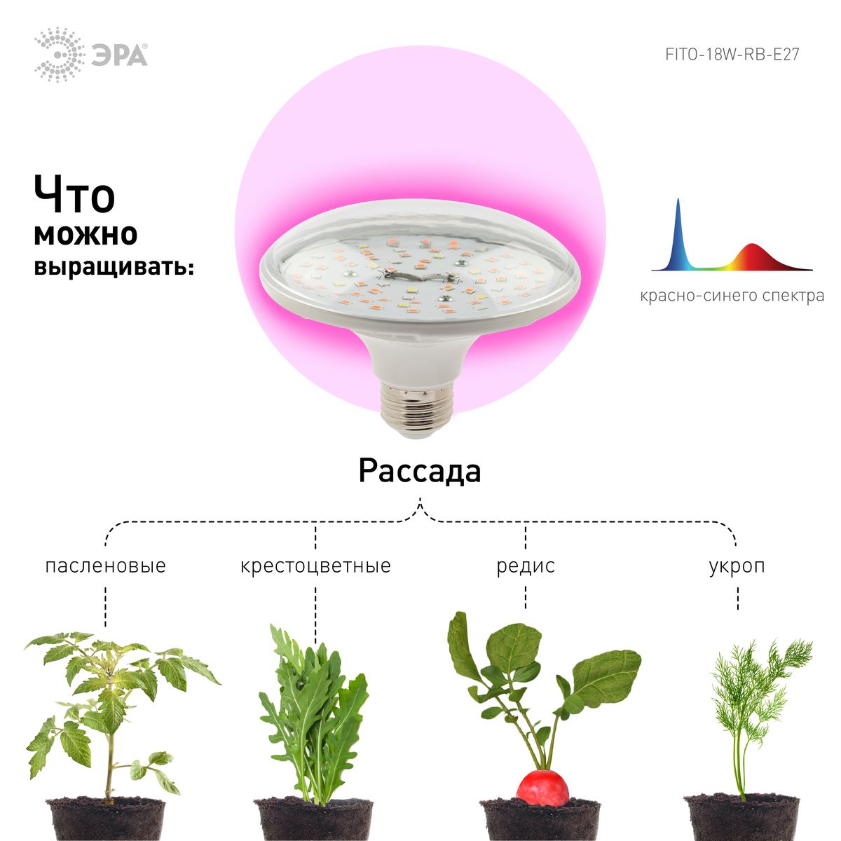 Фитолампа для растений светодиодная ЭРА E27 18W 2370K FITO-18W-RB-E27 Б0049533