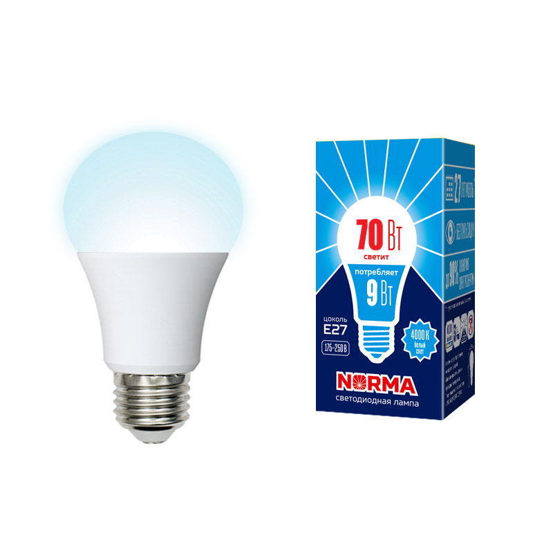 Лампа светодиодная Volpe Norma LED-A60-9W/4000K/E27/FR/NR картон UL-00005623
