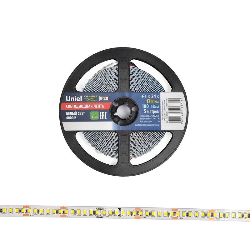 Светодиодная лента Uniel ULS-2835-180LED/m-10mm-IP20-DC24V-17W/m-5M-4000K катушка в герметичной упаковке