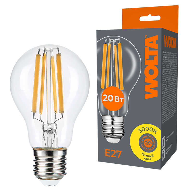 Лампа светодиодная филаментная WOLTA 20Вт 3000K Е27 груша прозрачная WF-A60-20W3KE27