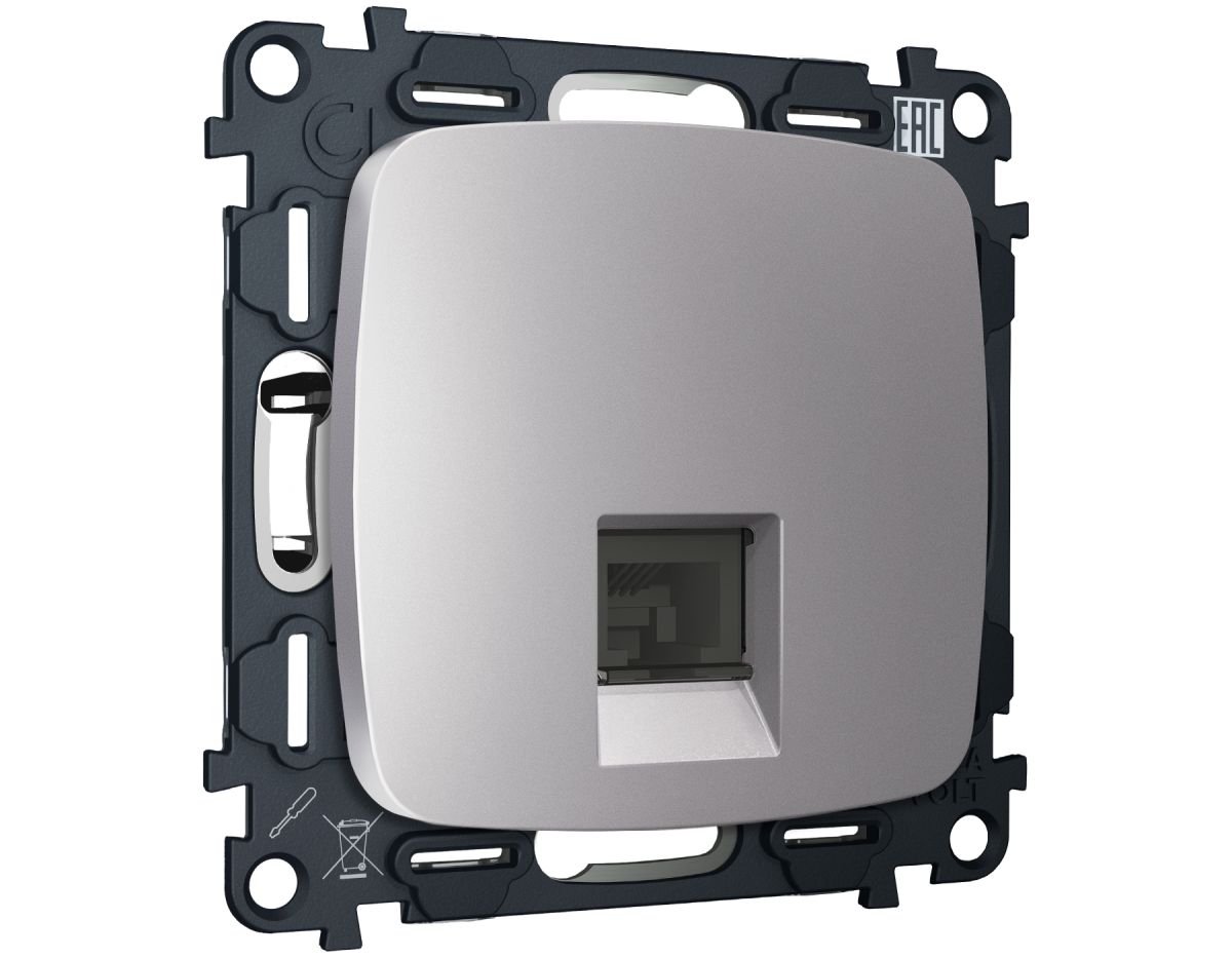 Комплект механизма компьютерной розетки Ambrella Volt RJ-45 (8P8C) CAT6A экранированной с автоматической защитной шторкой OMEGA MO512005 Сталь матовый QUANT (OP5120, VM185)