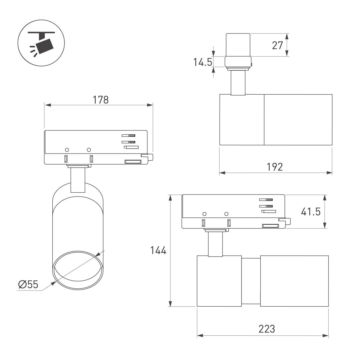 Трековый трехфазный светильник Arlight LGD-ARTEMIS-TRACK-4TR-R55-12W Day4000 (BK, 8-80 deg, 230V, DALI) 057691