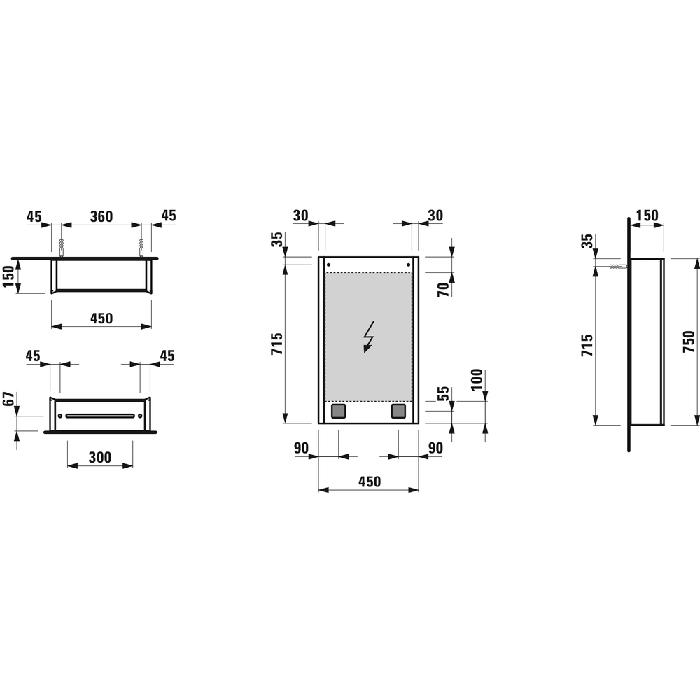 Laufen Frame 25 Зеркальный шка 45x15x75см., алюминий, 1 дверца с зеркалом с 2х сторон, SX, сенс. выкл., 2 розетки, 2 верт-х эл-та LED-подсветки (регул-ая яркость), с окружающим освещением (внизу), цвет: белый