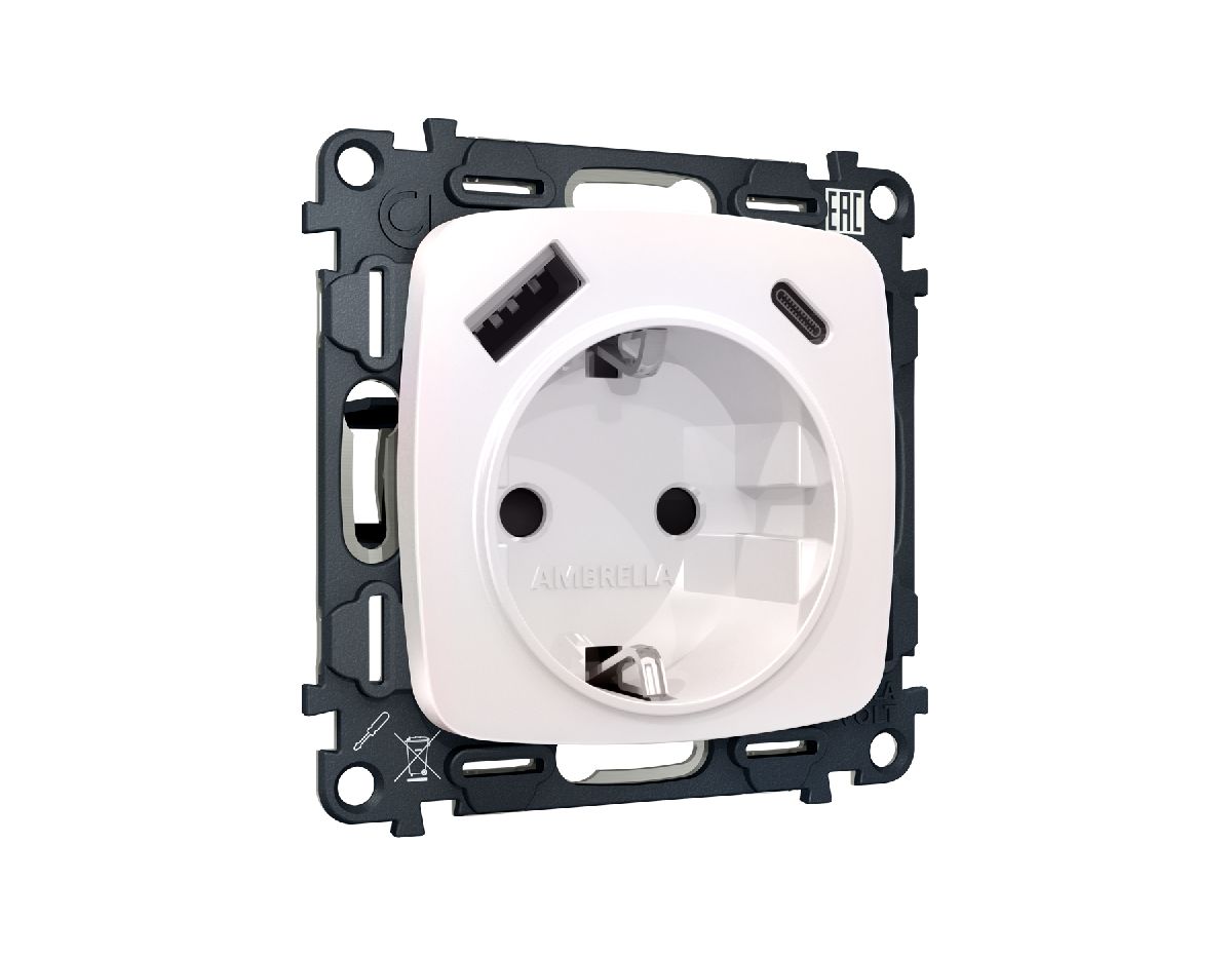 Комплект механизма розетки 2USB A+C 20W (быстрая зарядка) с/з Ambrella Volt Omega MO210010