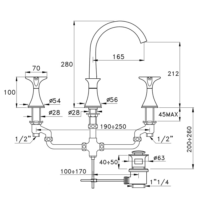 Stella 130 Смеситель для раковины на 3 отверстия 3225, с донным клапаном, цвет: хром