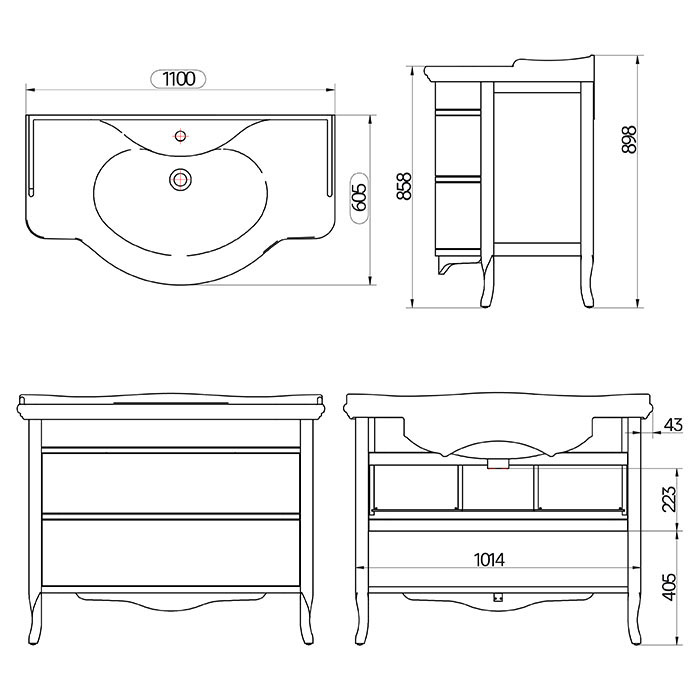 TW Armony Тумба с раковиной 112х62см., 2 ящика, доводчики Blum, цвет: Grafite/серебро античное