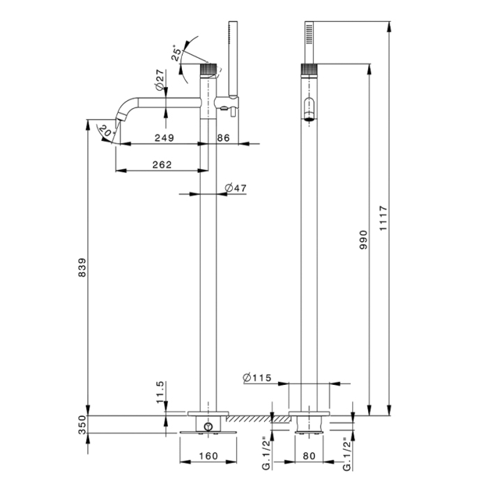 Cisal X32 Смеситель для ванны, напольный, с ручным душем, цвет: Inox spazzolato