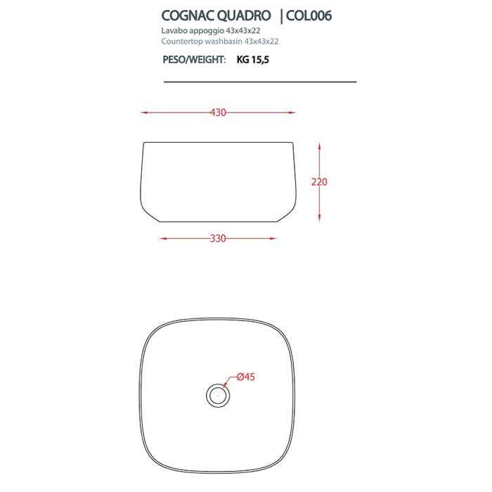 Artceram Cognac Раковина 43х43 см, без отв., накладная, цвет: avio