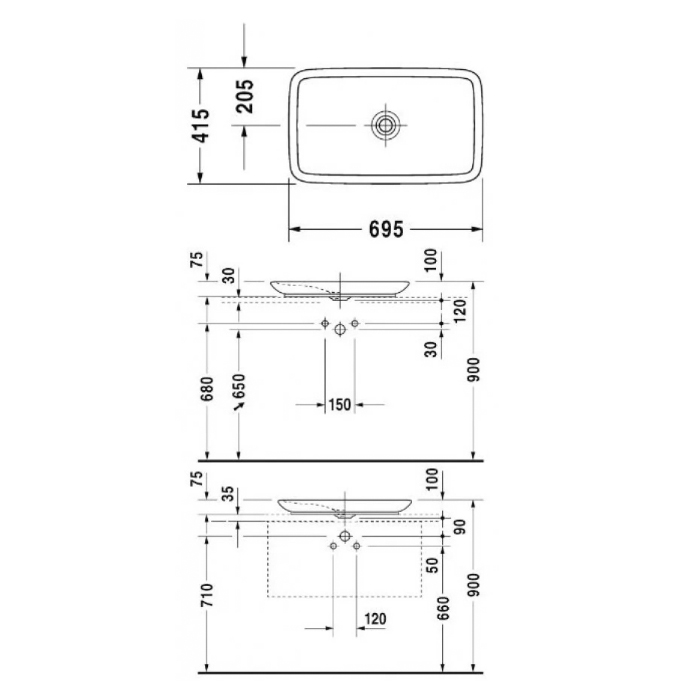 Duravit PuraVida Раковина 70x42см., накладная, без отв., без перелива, цвет: белый