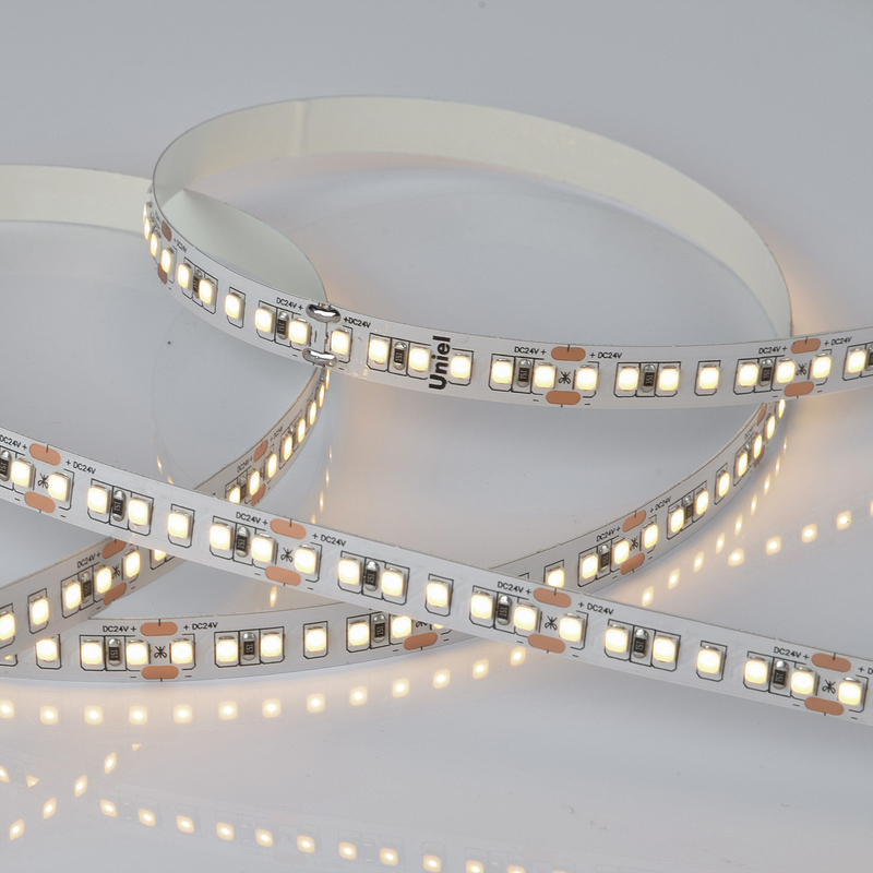 Светодиодная лента Uniel ULS-2835-168LED/m-10mm-IP20-DC24V-14W/m-5M-3000K катушка в герметичной упаковке