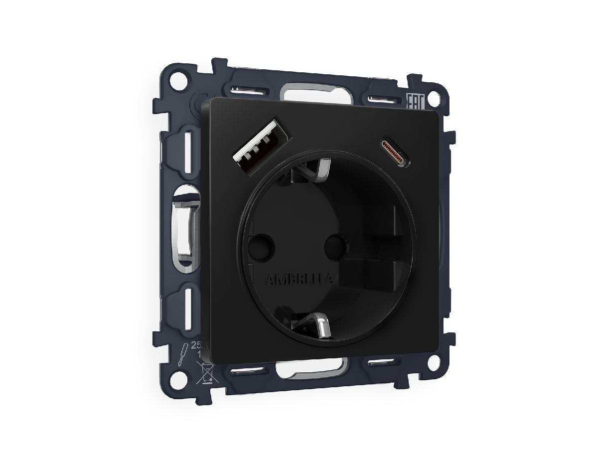 Комплект механизма розетки 2USB A+C 20W (быстрая зарядка) с/з Ambrella Volt Alfa MA810010