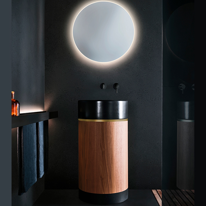 NOORTH milldue edition ROMA Раковина напольная Ø450x880 мм., слив в пол, основ Rovere Nero, корпус Noce Canaletto, вставка Oro, раковина Nero opaco