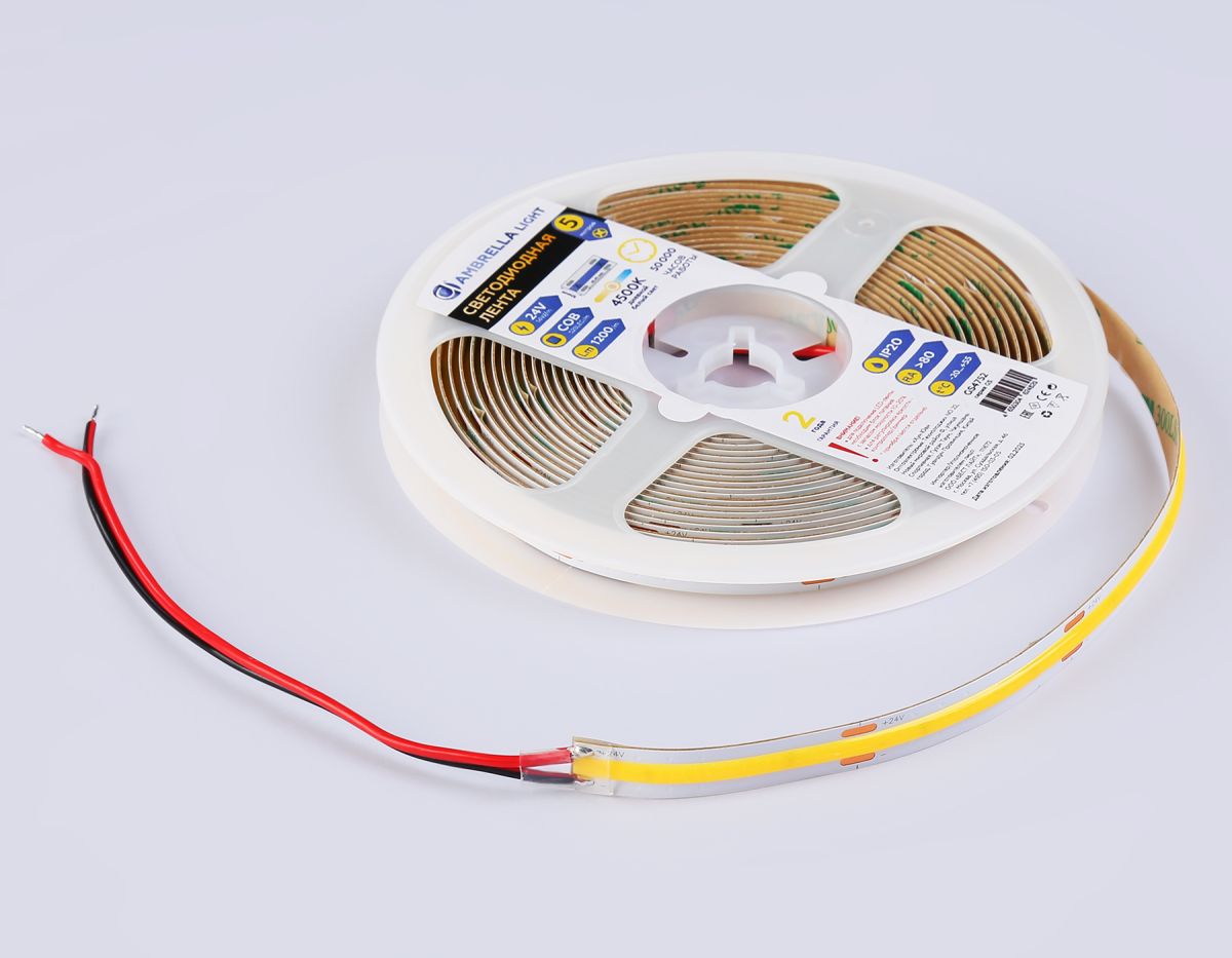 Светодиодная лента Ambrella Light Illumination COB 528Led/14W m/ 24V IP20 4500K/ 5m*10mm*2mm (2 конт.) GS4752