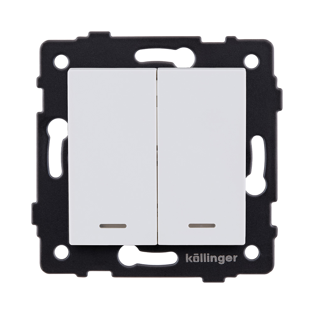 Выключатель 2-клавишный 10А/250В с LED подсветкой, белый матовый Kollinger REA-S-008WM для Aspekt, Eleganz, Reflex