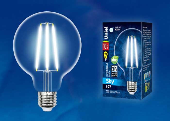 Лампа светодиодная филаментная (UL-00004862) Uniel E27 10W 3000K прозрачная LED-G95-10W/3000K/E27/CL PLS02WH