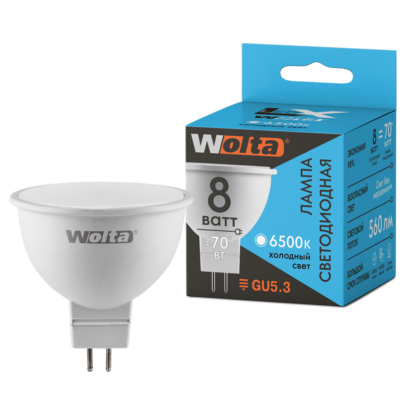 Светодиодная лампа WOLTA LX 8Вт 6500K GU5.3 матовая 30WMR16-220-8GU5.3