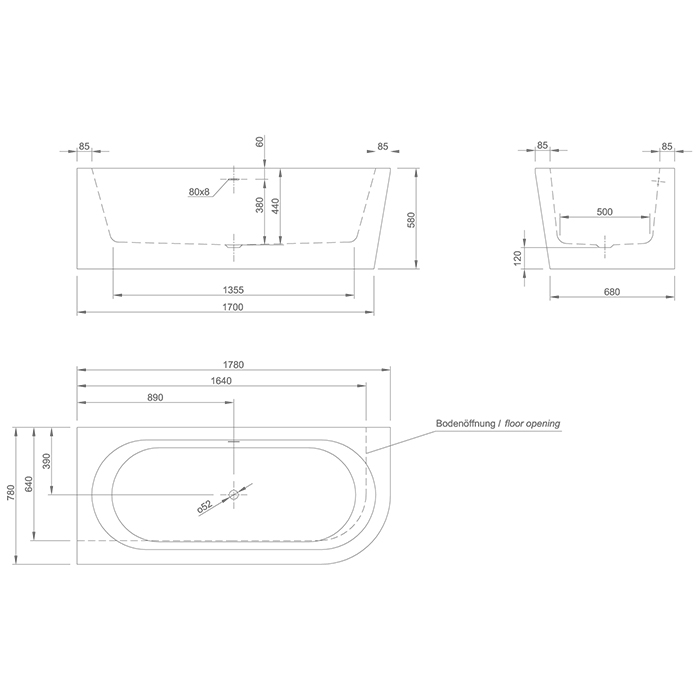 KNIEF Wall Corner R Ванна пристенная с монтажом в левый угол 180х80х60см, с щелевым переливом, цвет: белый со слив-переливом