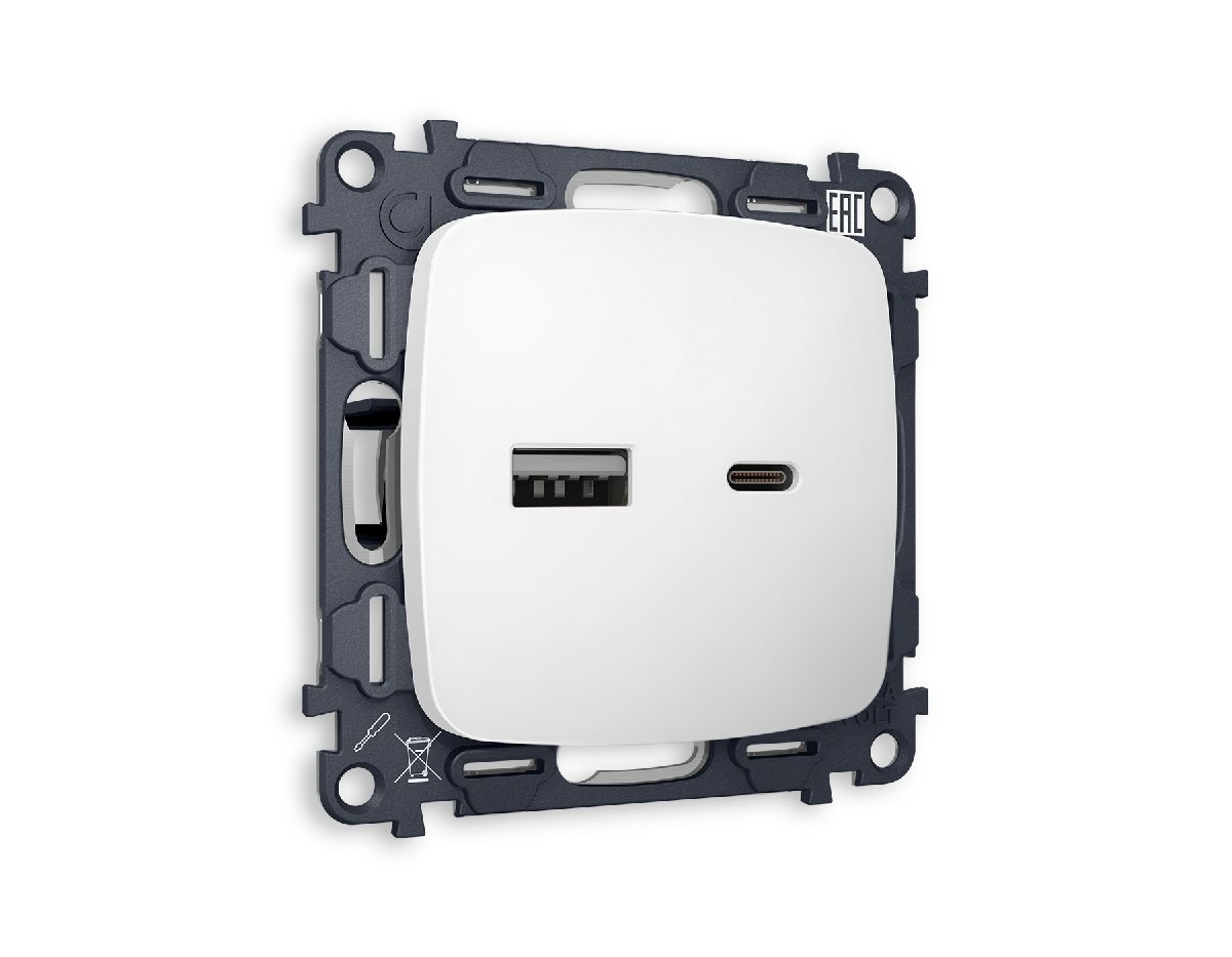 Комплект механизма розетки 2USB A+C 20W (быстрая зарядка) Ambrella Volt Omega MO131010