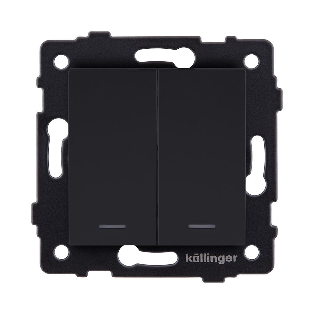 Выключатель 2-клавишный 10А/250В с LED подсветкой, черный матовый Kollinger REA-S-008BM для Aspekt, Eleganz, Reflex