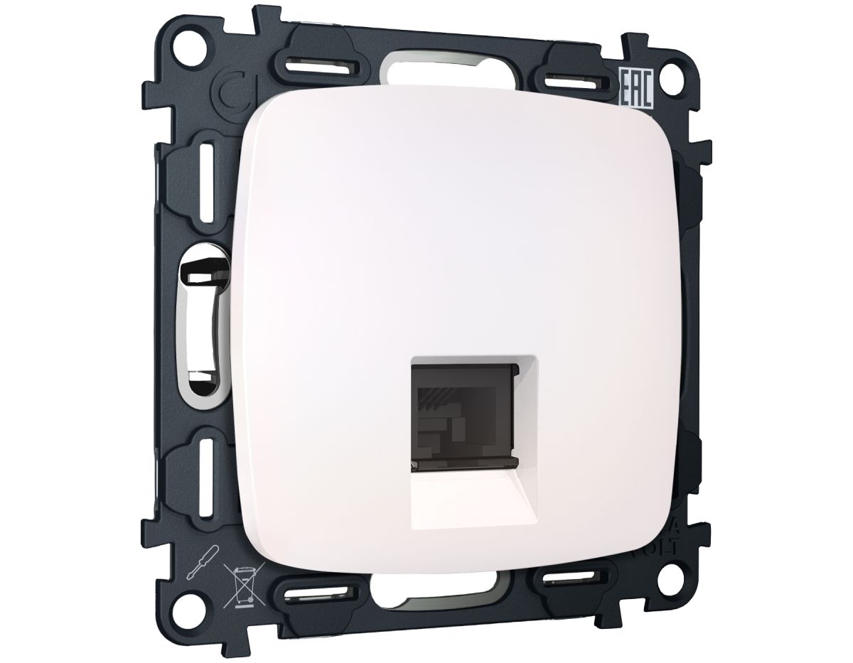 Комплект механизма компьютерной розетки Ambrella Volt RJ-45 (8P8C) CAT6A экранированной с автоматической защитной шторкой OMEGA MO212005 Жемчуг QUANT (OP2120, VM185)