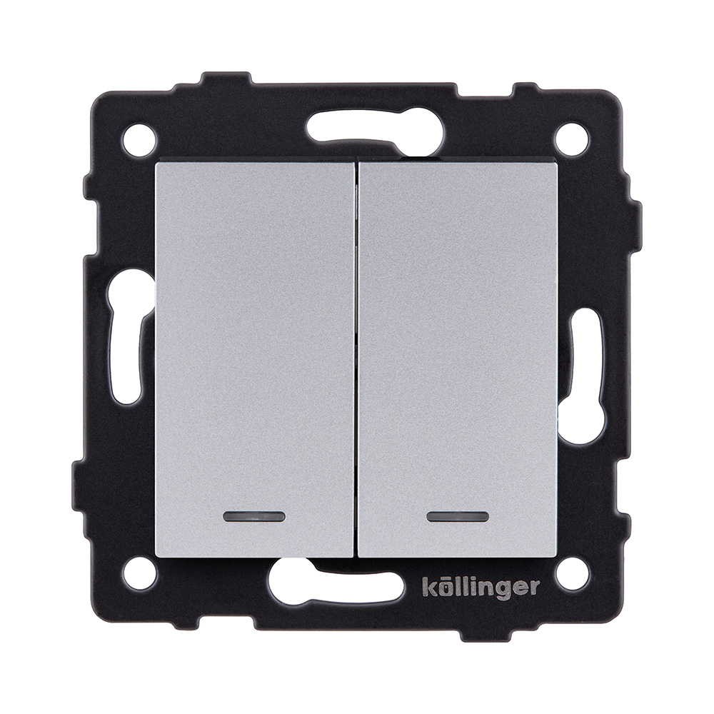 Выключатель 2-клавишный проходной 10А/250В с LED подсветкой, серый Kollinger REA-S-010GY для Aspekt, Eleganz, Reflex