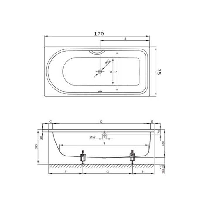 Bette Ocean Ванна с шумоизоляцией пристенная, 170х75х45см, перелив спереди, BetteGlasur® Plus, с комплектом ножек, цвет: белый