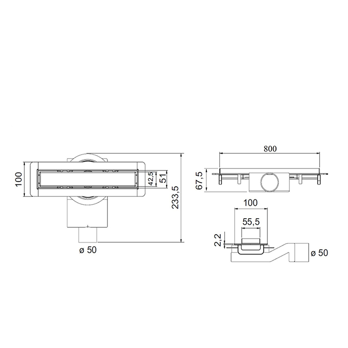 Plumberia Selection Трап душевой PS MODULAR 4x80 2устор. накладка из нерж.стали, комбинир.затвор с горизонт. Выпуском Ду 50мм,40л/мин, цвет: золото брашированная