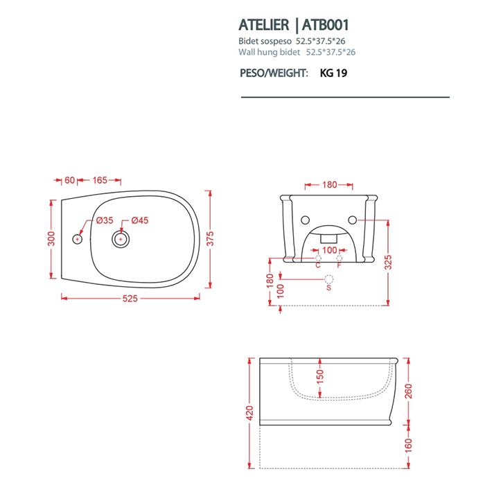 Artceram Atelier Биде подвесное 52х37см, с 1 отв под смеситель, цвет: белый матовый