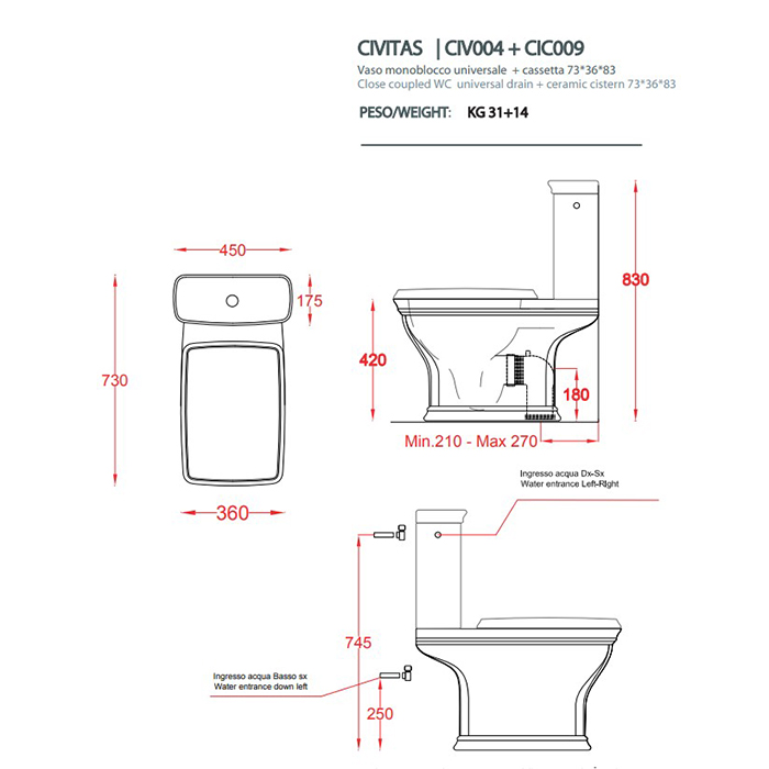 Artceram Civitas Унитаз моноблок 36x54 см, слив универсальный, цвет: серый