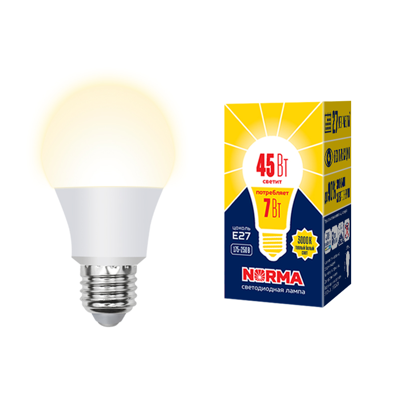 Лампа светодиодная Volpe Norma LED-A60-7W/3000K/E27/FR/NR картон UL-00005619