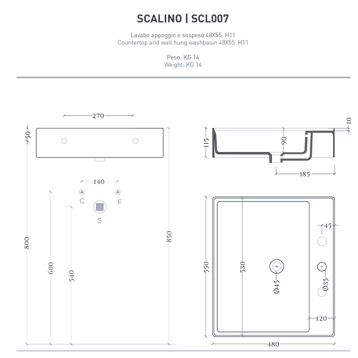 Artceram Scalino Раковина накладная 55х48см, с 1 отв., с переливом, цвет: белый глянец